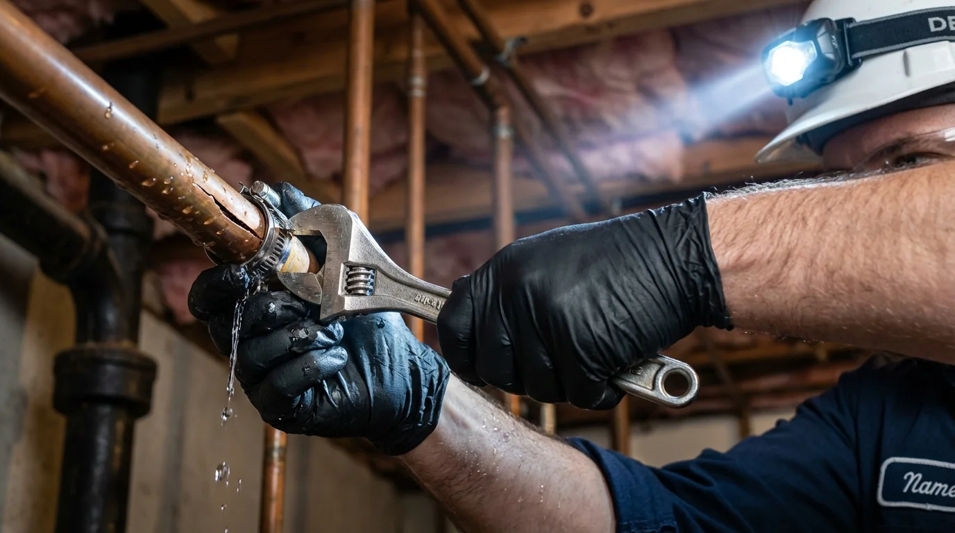 Emergency pipe clamp repair being performed by a Johns Plumbing LLC plumber in Stilwell