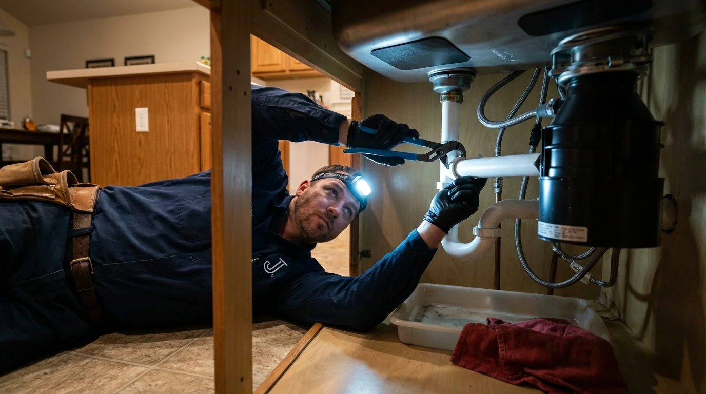 P-trap and supply line connections under a kitchen sink showing a common leak point in Stilwell, OK